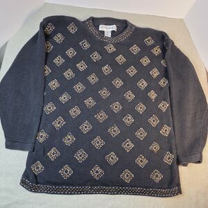 Victoria Jones Women's Black Sweater with Gold Pattern Grandmacore cottagecore